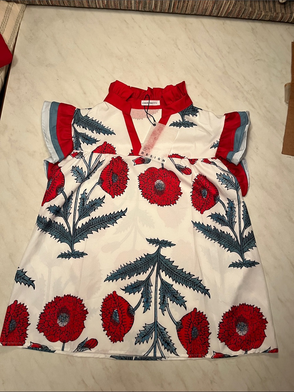 Red Floral Ruffle-Trim Women's Top